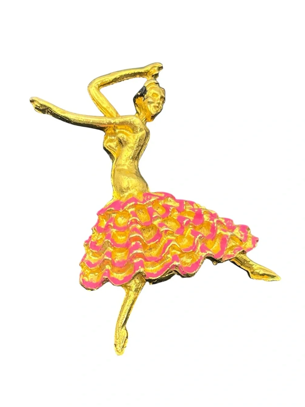 Ballerina dancer gold tone pink enamel vintage brooch pin